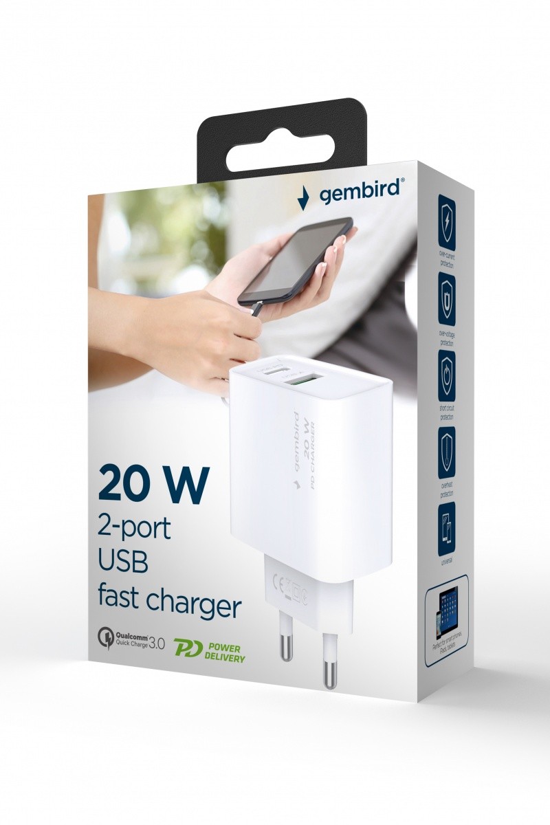 20W USB-A/USB-C polnilnik Power Delivery, bel 2