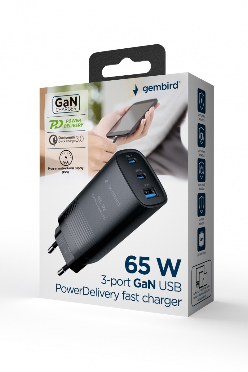 65W GaN polnilnik 1xUSB-A, 2xUSB-C, Power Delivery, črn 2