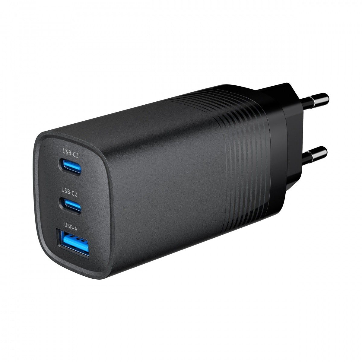 65W GaN polnilnik 1xUSB-A, 2xUSB-C, Power Delivery, črn