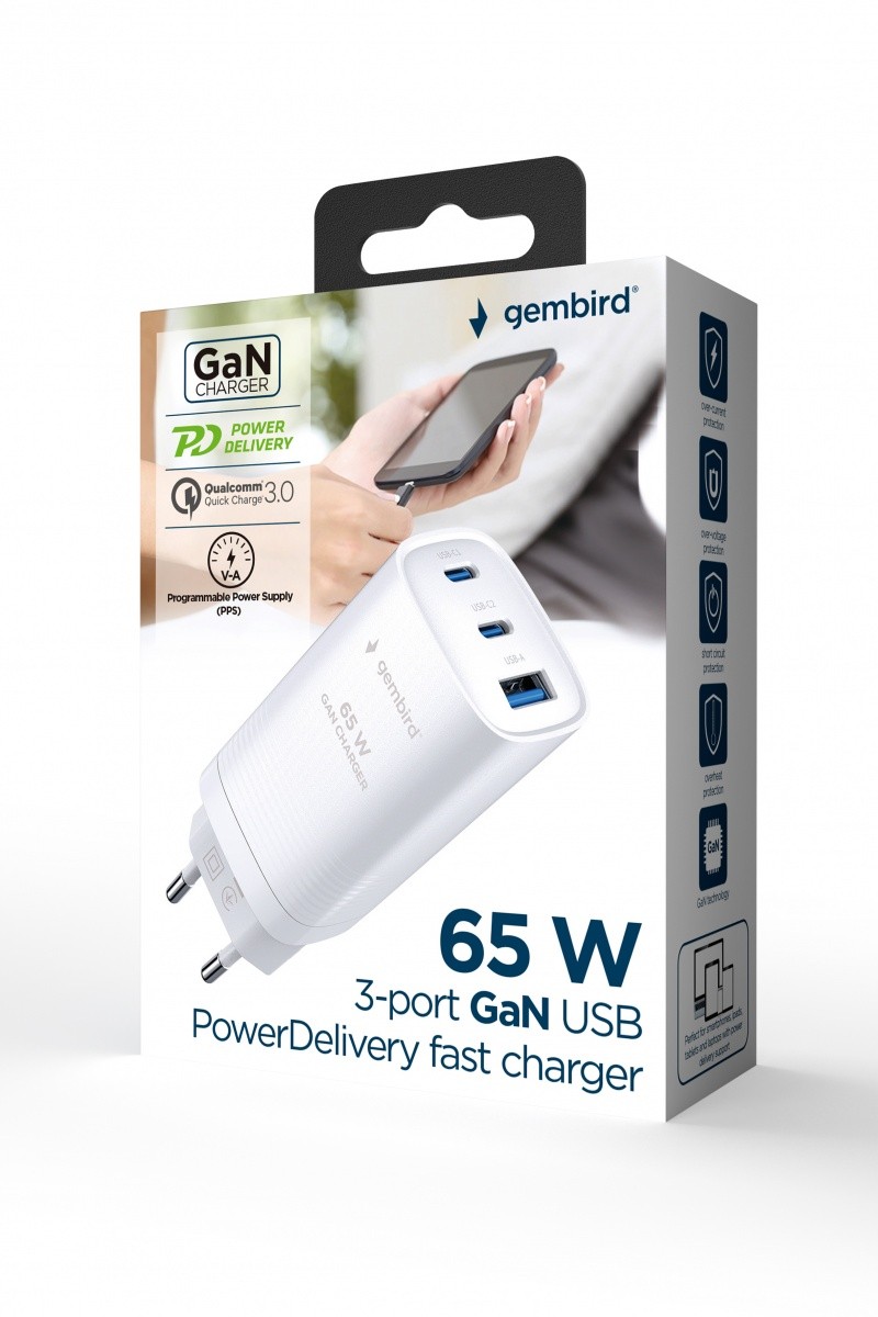 Gemini Dual Power GaN 65W Polnilnik 1xA + 2xC, bela 2