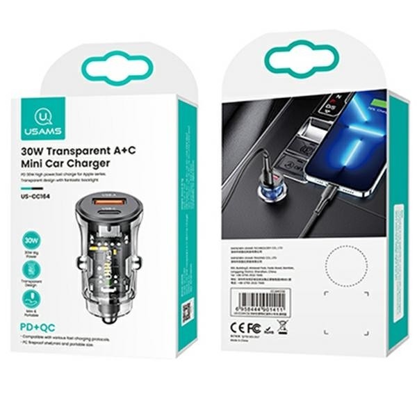 Avto polnilec 30W, 1xUSB + 1xUSB-C, Fast Charge 2