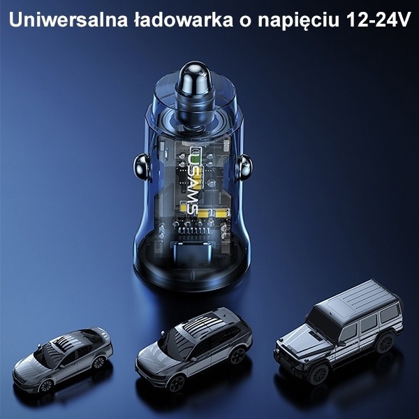 Avto polnilec 30W, 1xUSB + 1xUSB-C, Fast Charge 3