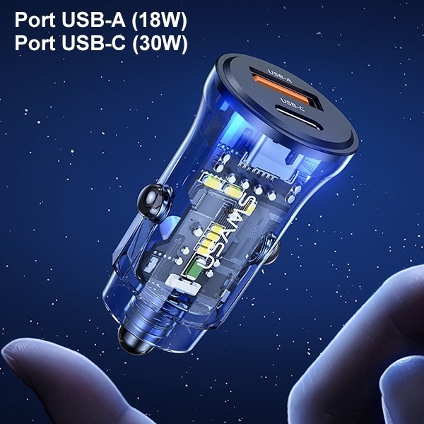 Avto polnilec 30W, 1xUSB + 1xUSB-C, Fast Charge 4