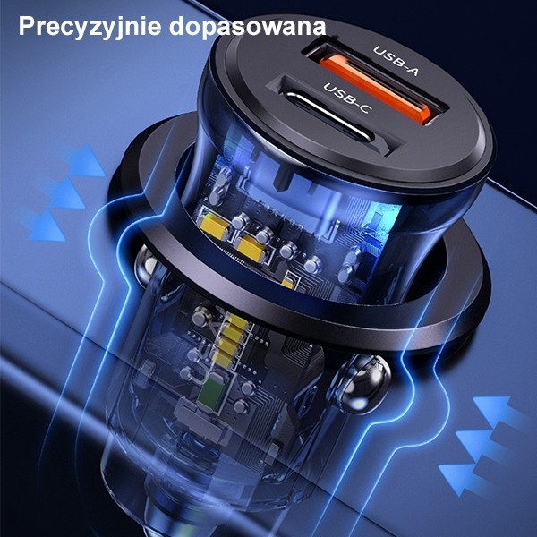 Avto polnilec 30W, 1xUSB + 1xUSB-C, Fast Charge 5