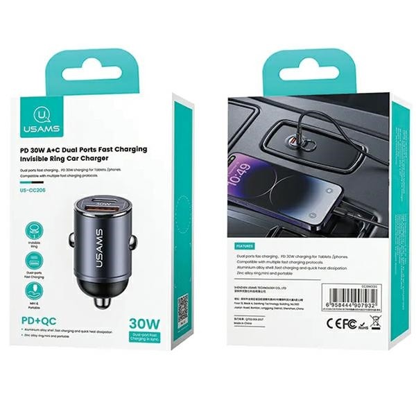 Avto polnilec 30W, 1xUSB+1xUSB-C, Fast Charge, jeklo 2
