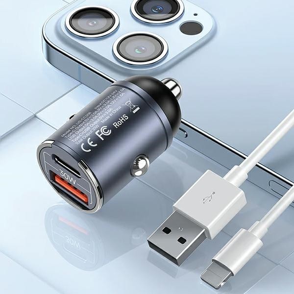 Avto polnilec 30W, 1xUSB+1xUSB-C, Fast Charge, jeklo 3