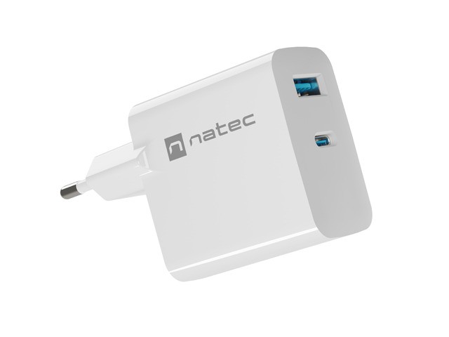 Omrežni polnilnik RIBERA GAN 1x USB-A + 1x USB-C, 65W, bel