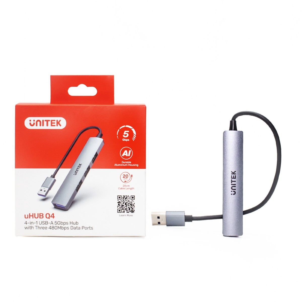 USB-A razdelilnik, 3x USB-A 2.0 + 1x USB-A 5 Gbps, aluminijast 3