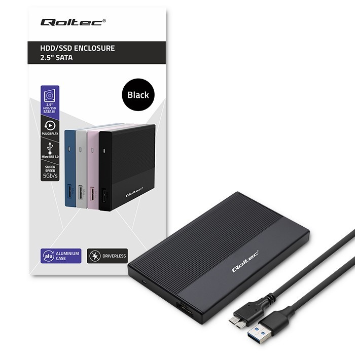 Ohišje za SSD/HDD 2.5" SATA USB 3.0, Qoltec, do 2TB, črno 2