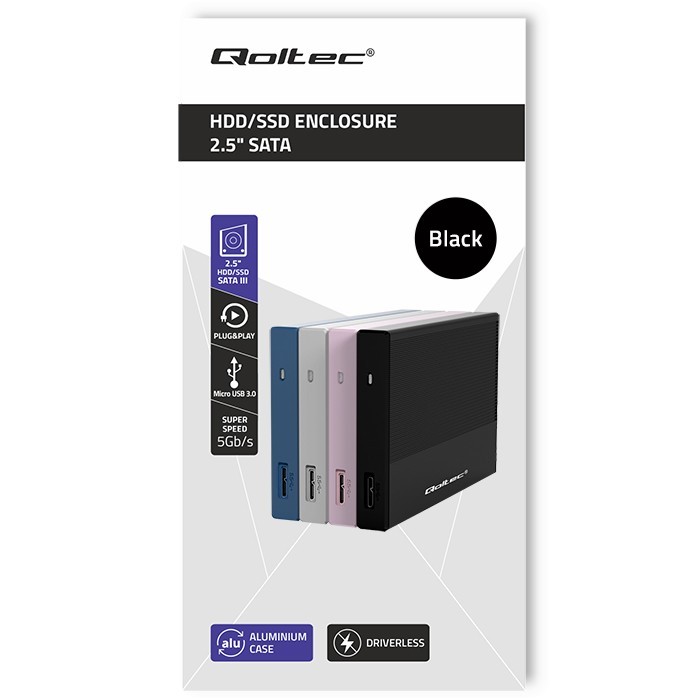 Ohišje za SSD/HDD 2.5" SATA USB 3.0, Qoltec, do 2TB, črno 5