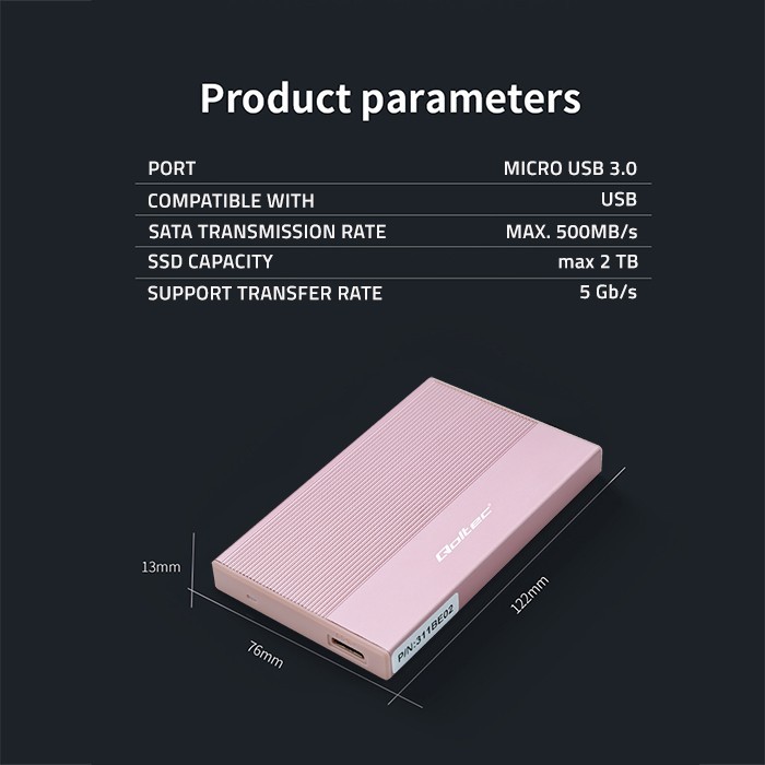 Ohišje za 2.5" SATA SSD/HDD disk, USB 3.0, 2TB, roza 5