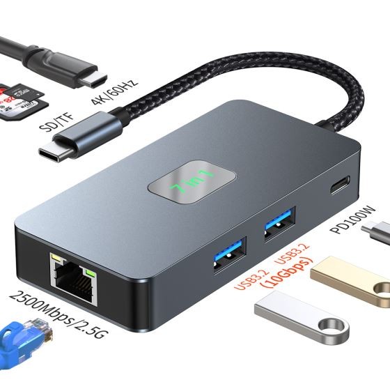 USB-C Hub (7v1) z HDMI, USB, SD/TF, RJ45, PD 2