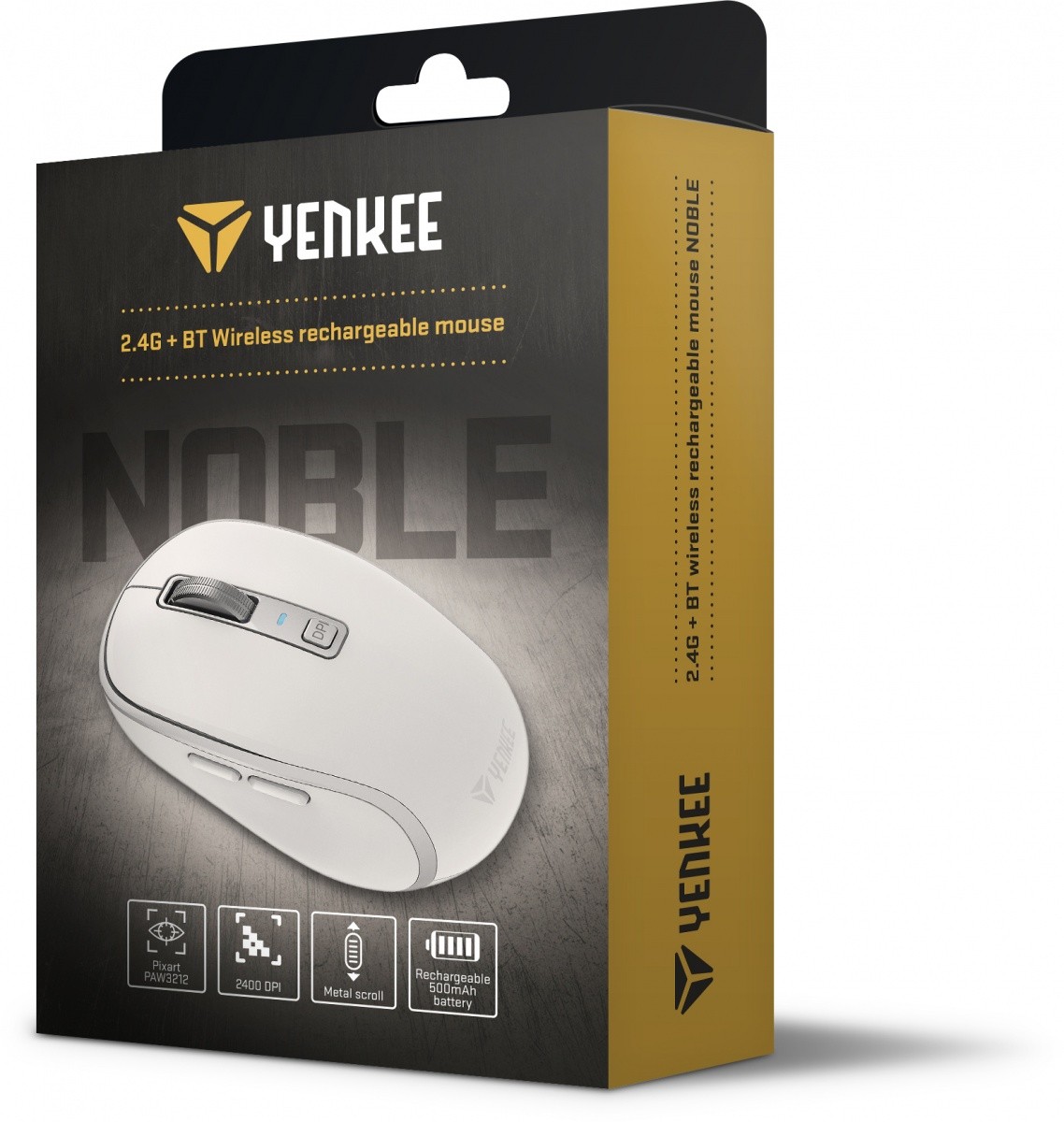 Brezžična miška YENKEE DUAL WiFi+Bluetooth, akumulator, 5 gumbov, bela 7