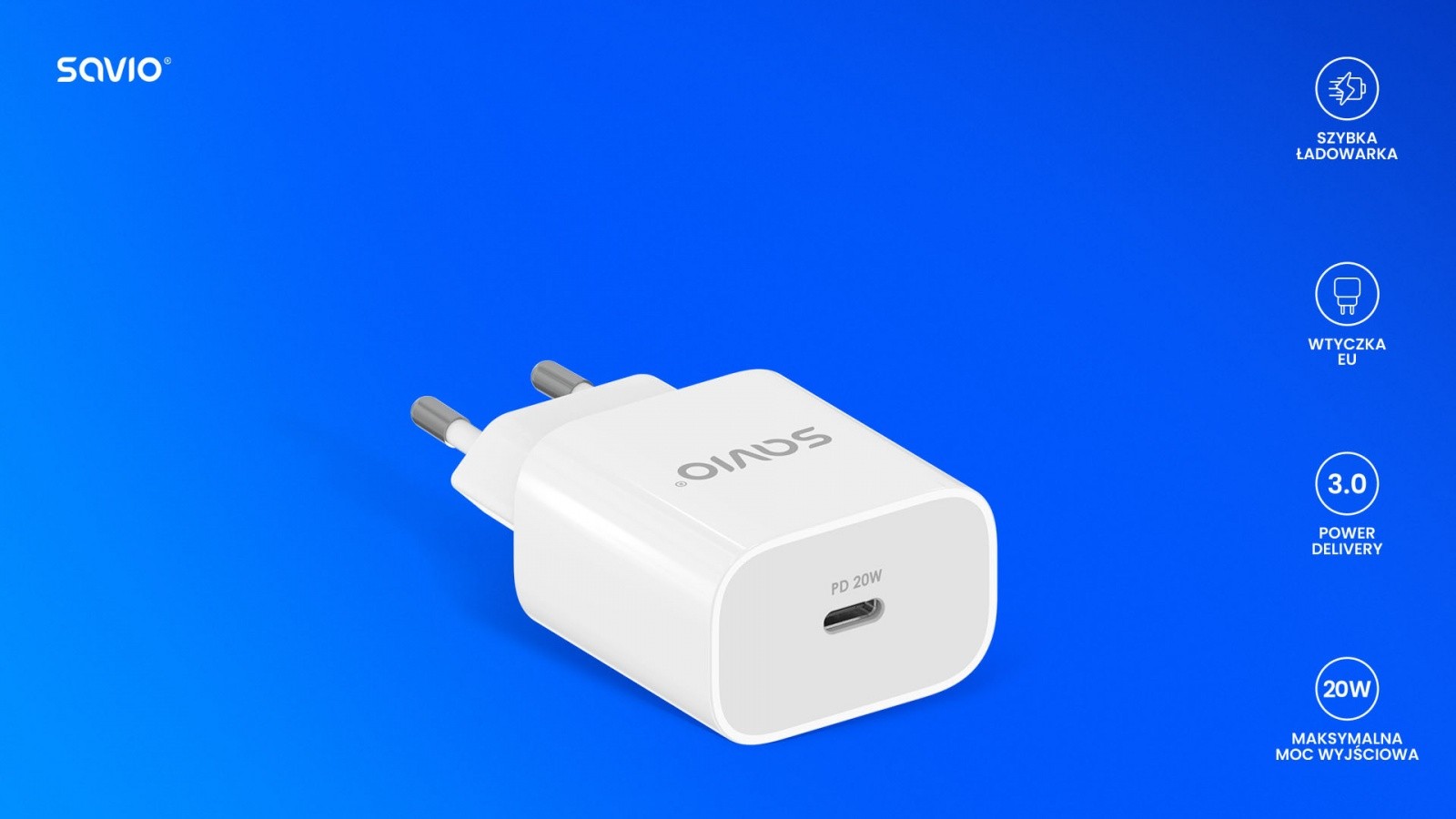 Omrežni polnilnik Savio LA-09, 20W, USB-C, PD 3.0, QC 5