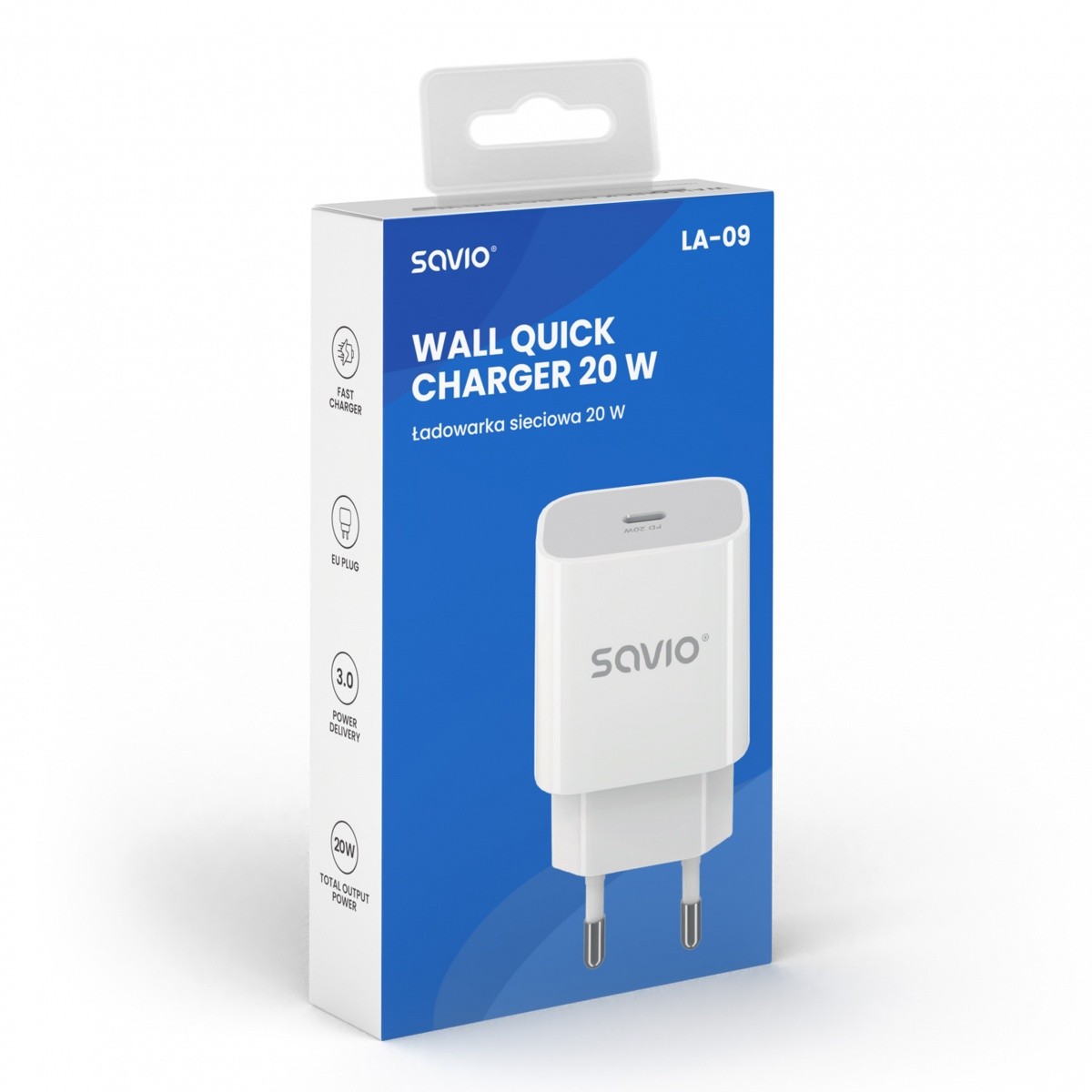 Omrežni polnilnik Savio LA-09, 20W, USB-C, PD 3.0, QC 6