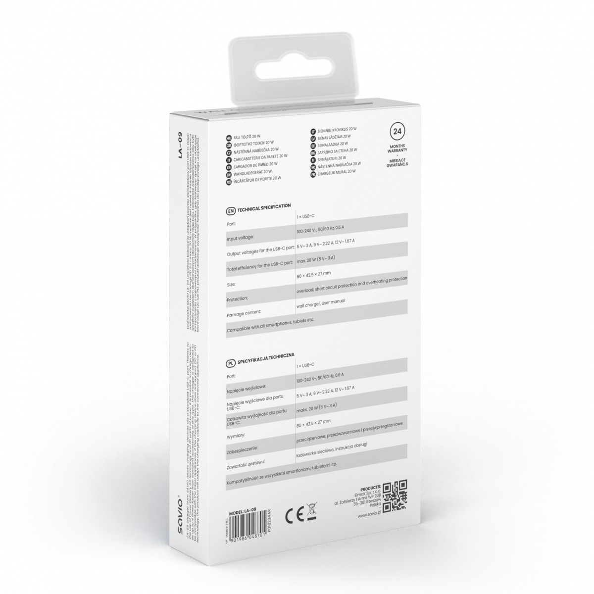 Omrežni polnilnik Savio LA-09, 20W, USB-C, PD 3.0, QC 7