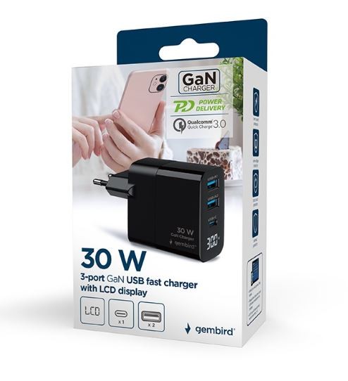 Črna GaN polnilna naprava 30W z LCD, 2xUSB-A, 1xUSB-C 2