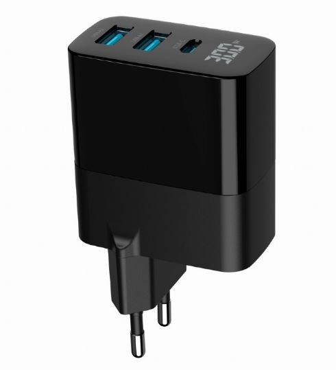 Črna GaN polnilna naprava 30W z LCD, 2xUSB-A, 1xUSB-C 3