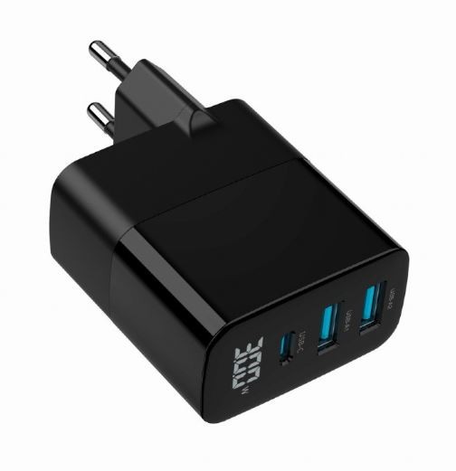 Črna GaN polnilna naprava 30W z LCD, 2xUSB-A, 1xUSB-C 4