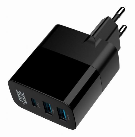 Črna GaN polnilna naprava 30W z LCD, 2xUSB-A, 1xUSB-C 5