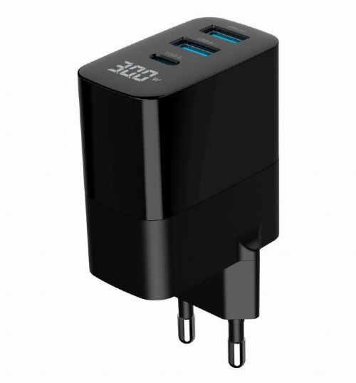 Črna GaN polnilna naprava 30W z LCD, 2xUSB-A, 1xUSB-C 6