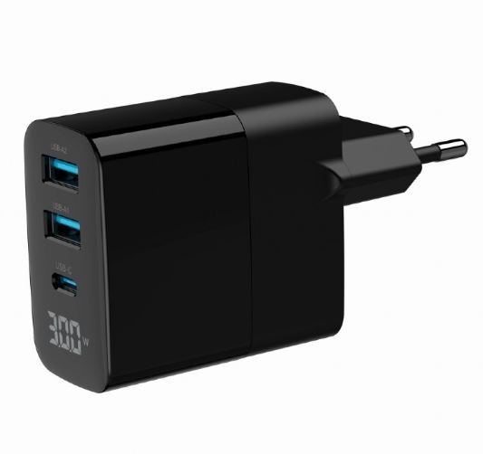 Črna GaN polnilna naprava 30W z LCD, 2xUSB-A, 1xUSB-C 7