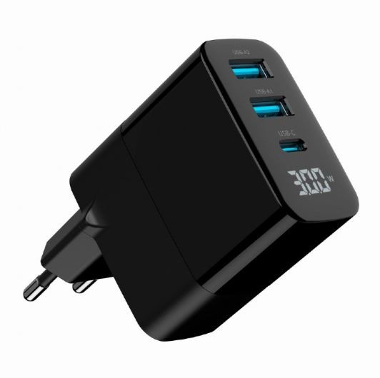 Črna GaN polnilna naprava 30W z LCD, 2xUSB-A, 1xUSB-C 8