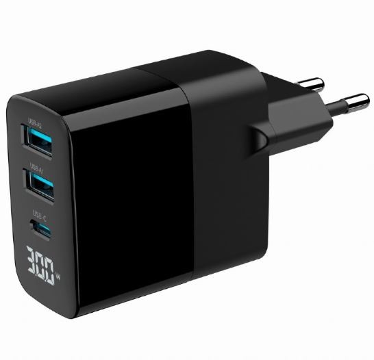 Črna GaN polnilna naprava 30W z LCD, 2xUSB-A, 1xUSB-C