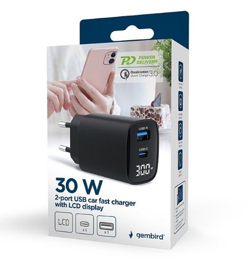 Črna GaN polnilna naprava 30W z LCD, 1xUSB-A, 1xUSB-C 2