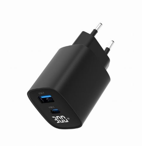 Črna GaN polnilna naprava 30W z LCD, 1xUSB-A, 1xUSB-C 3