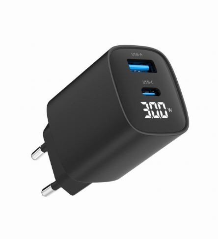 Črna GaN polnilna naprava 30W z LCD, 1xUSB-A, 1xUSB-C 4