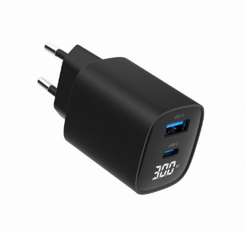 Črna GaN polnilna naprava 30W z LCD, 1xUSB-A, 1xUSB-C 5