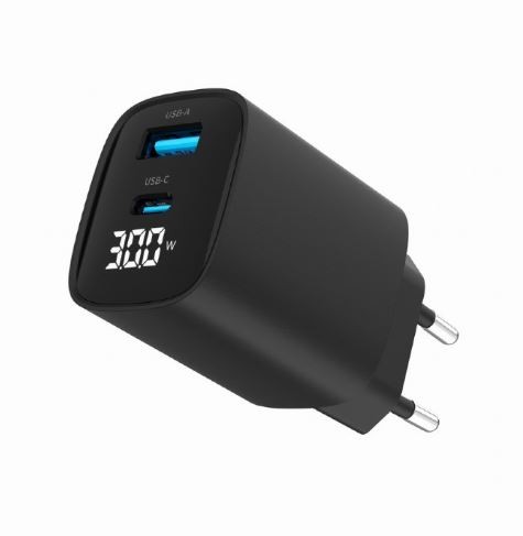 Črna GaN polnilna naprava 30W z LCD, 1xUSB-A, 1xUSB-C 6
