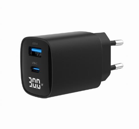 Črna GaN polnilna naprava 30W z LCD, 1xUSB-A, 1xUSB-C