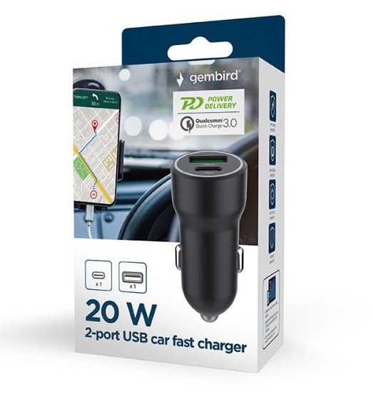 Avtomobilski polnilnik USB-A/USB-C 20W PD, črn 2