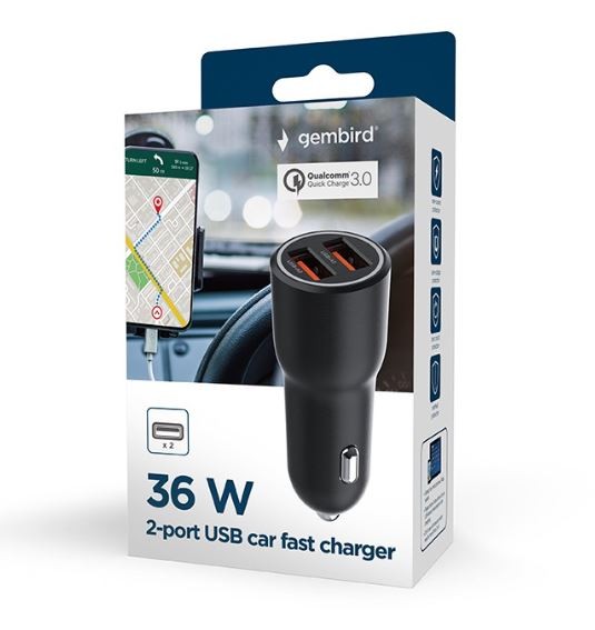 Avto polnilec 2x USB-A QC3.0 36W, črn 2