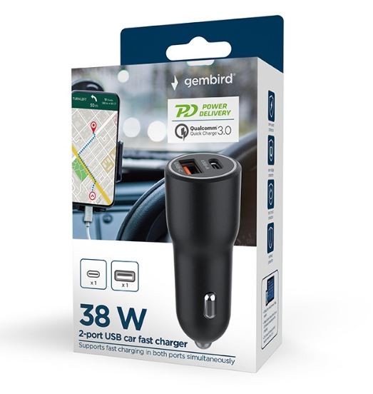 Gembird avto polnilnik USB-A/USB-C 38W PD, črn 2