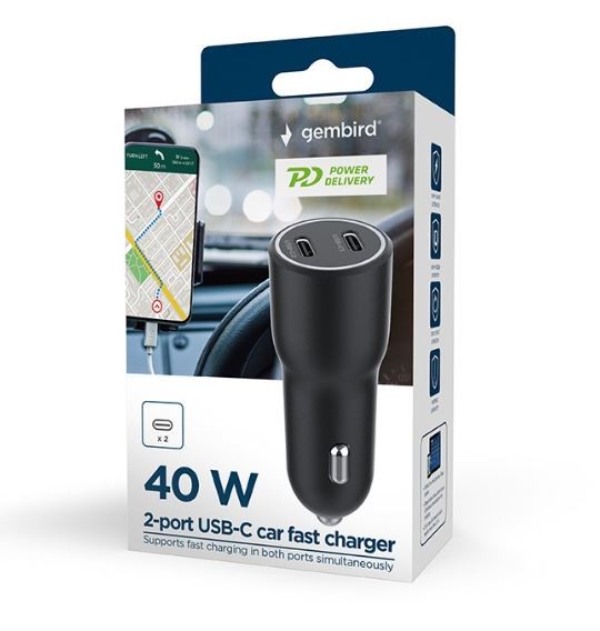 Gembird avto polnilnik 2xUSB-C PD 40W, črn 2