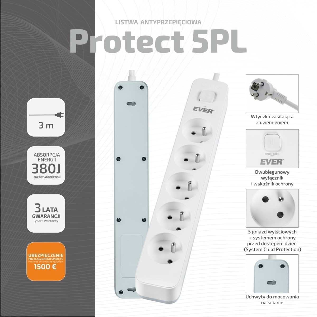 Napajalna letev PROTECT 5Schuko, 3m 5
