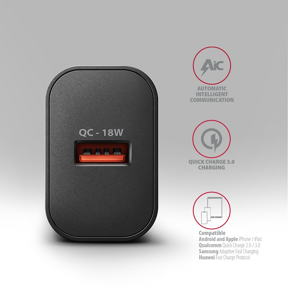 Omrežni polnilnik USB-A QC 18W, črn 4