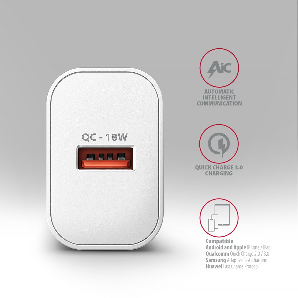 Omrežni polnilnik USB-A QC 18W, bel 4