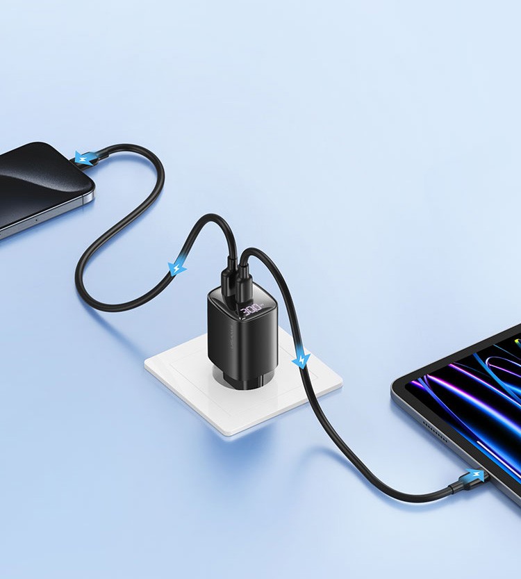 30W GaN hitri polnilnik LED, USB + USB-C, črn 2