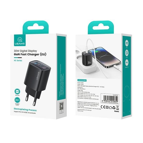 30W GaN hitri polnilnik LED, USB + USB-C, črn 3