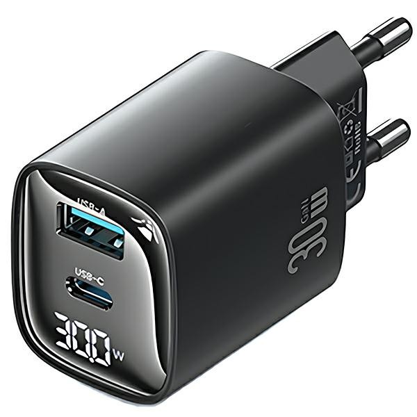 30W GaN hitri polnilnik LED, USB + USB-C, črn