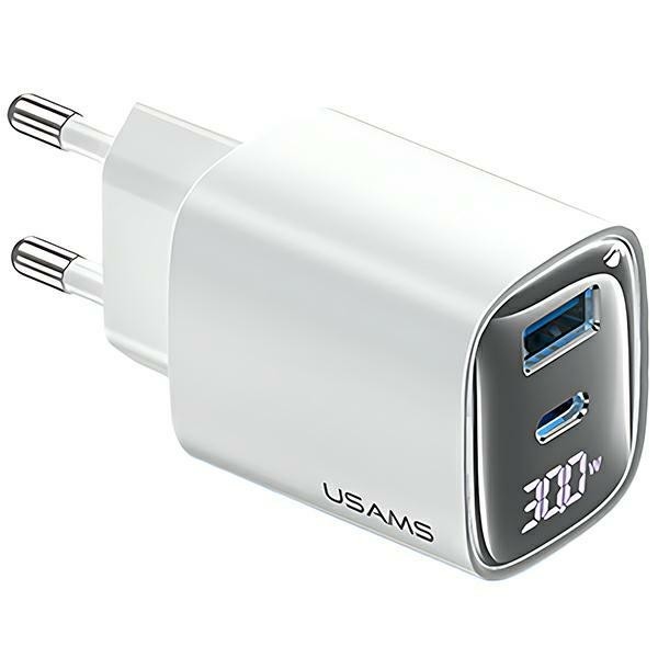 USAMS 30W GaN polnilnik CC229 LED, USB + USB-C, hitro polnjenje, bel