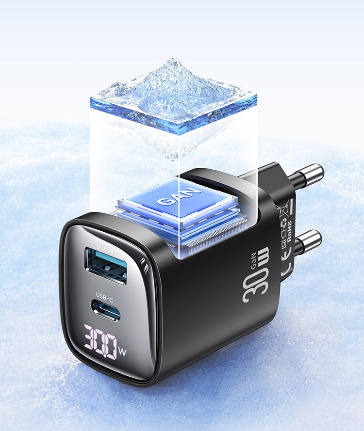 USAMS 30W GaN polnilnik CC229 LED, USB + USB-C, hitro polnjenje, bel 3