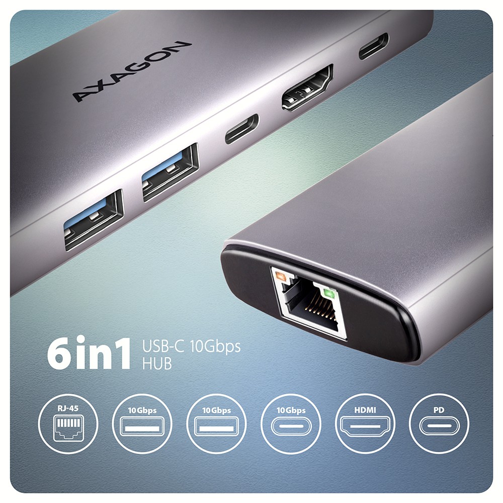 Večnamenski USB-C HUB 6v1, 10Gbps, HDMI 4K/60Hz, GLAN, PD 2
