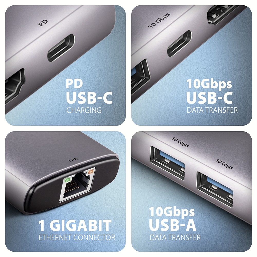 Večnamenski USB-C HUB 6v1, 10Gbps, HDMI 4K/60Hz, GLAN, PD 4