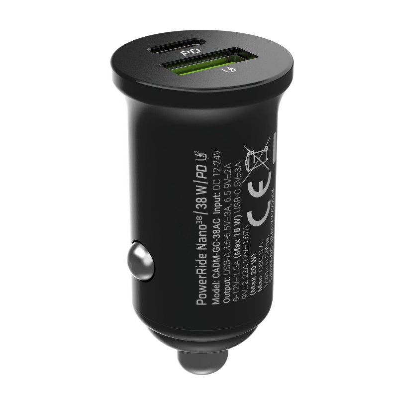 Avtomobilski polnilec PowerRide Nano38 38W 6A 1xUSB-C, 1xUSB-A 3