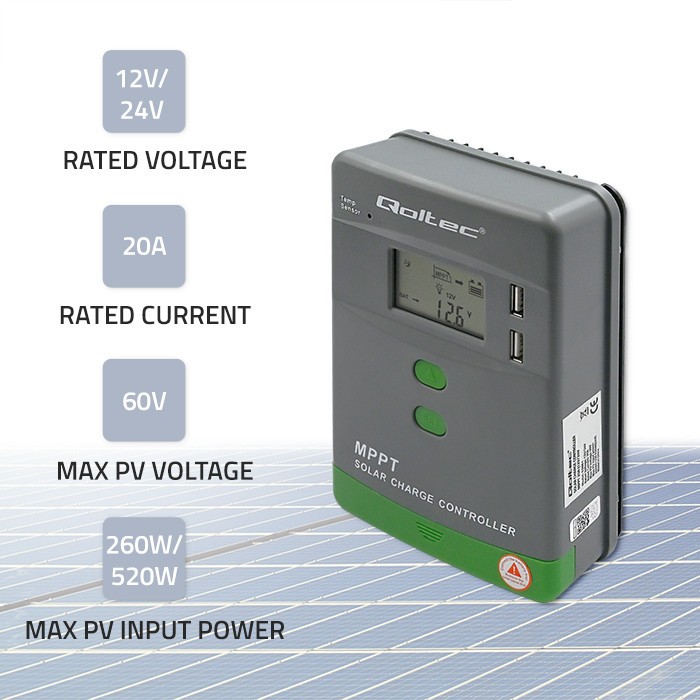 Qoltec solarni regulator MPPT z merilnikom temperature, 20A LCD 2